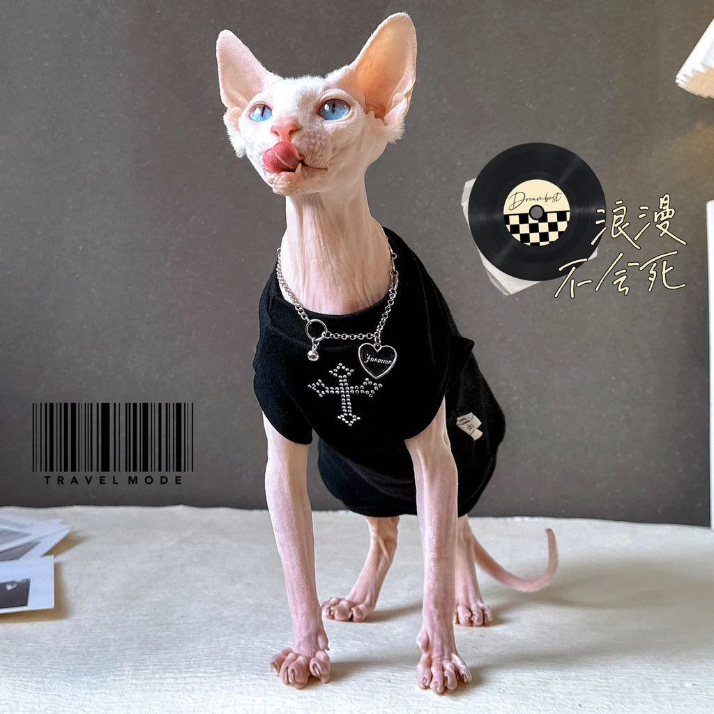 Gilet noir pour chat Devon Rex et Sphynx – Vêtement d'été orné de strass scintillants pour chats sans poils