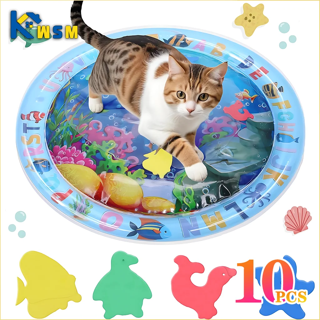 Tapis d’eau sensoriel gonflable pour animaux – Tapis de jeu épais à thème océan avec poissons pour chats et chiens
