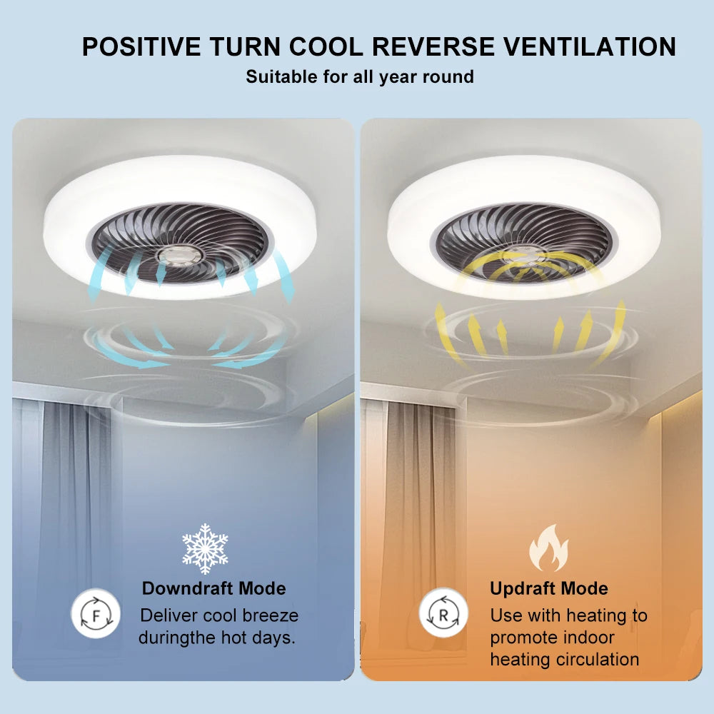 Ventilateur de plafond intelligent avec éclairage LED – Télécommande incluse – Ø 52 cm – Pales invisibles – Silencieux – Idéal pour chambre, salon et bureau