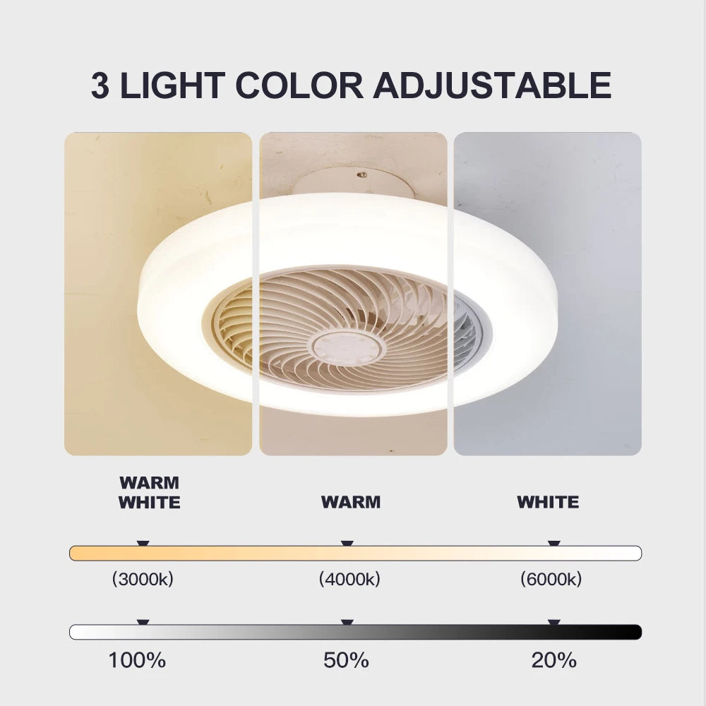 Ventilateur de plafond intelligent avec éclairage LED – Télécommande incluse – Ø 52 cm – Pales invisibles – Silencieux – Idéal pour chambre, salon et bureau