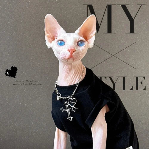 Gilet noir pour chat Devon Rex et Sphynx – Vêtement d'été orné de strass scintillants pour chats sans poils