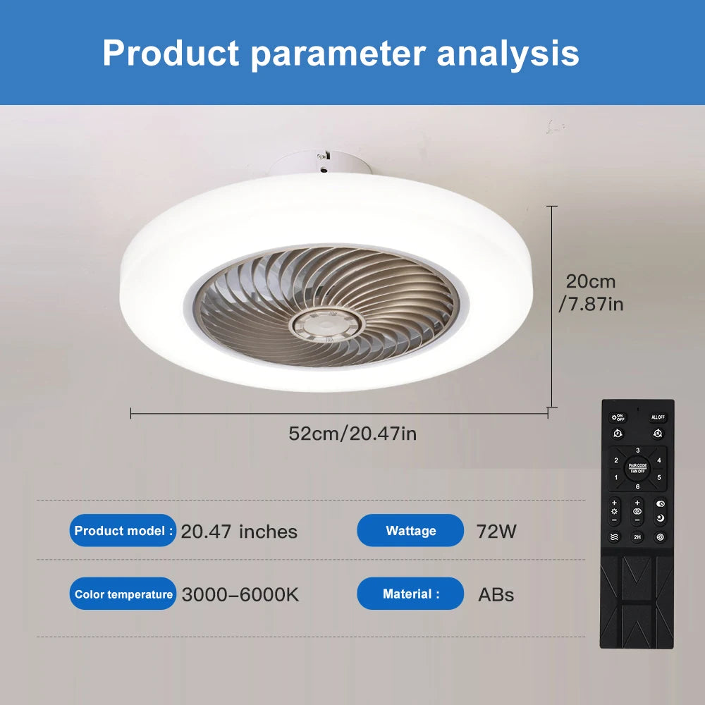 Ventilateur de plafond intelligent avec éclairage LED – Télécommande incluse – Ø 52 cm – Pales invisibles – Silencieux – Idéal pour chambre, salon et bureau
