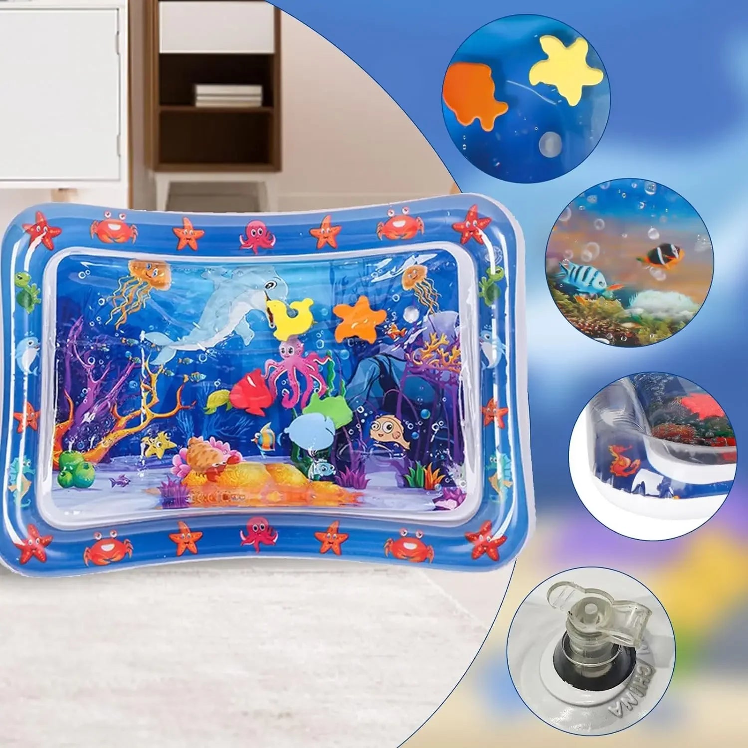 Tapis d’eau sensoriel gonflable pour animaux – Tapis de jeu épais à thème océan avec poissons pour chats et chiens