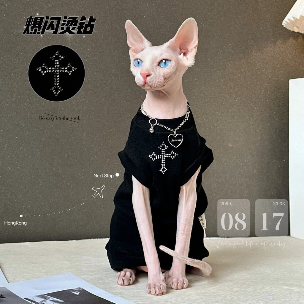 Gilet noir pour chat Devon Rex et Sphynx – Vêtement d'été orné de strass scintillants pour chats sans poils