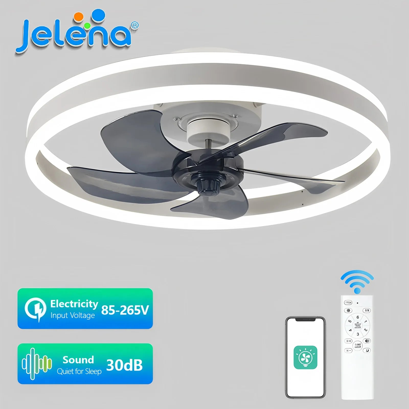 Ventilateur de plafond LED intelligent Jelena avec télécommande – Luminaire moderne pour chambre, salon et salle à manger – Ventilateur de plafond design pour la décoration intérieure