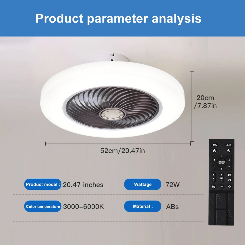 Ventilateur de plafond intelligent avec éclairage LED – Télécommande incluse – Ø 52 cm – Pales invisibles – Silencieux – Idéal pour chambre, salon et bureau