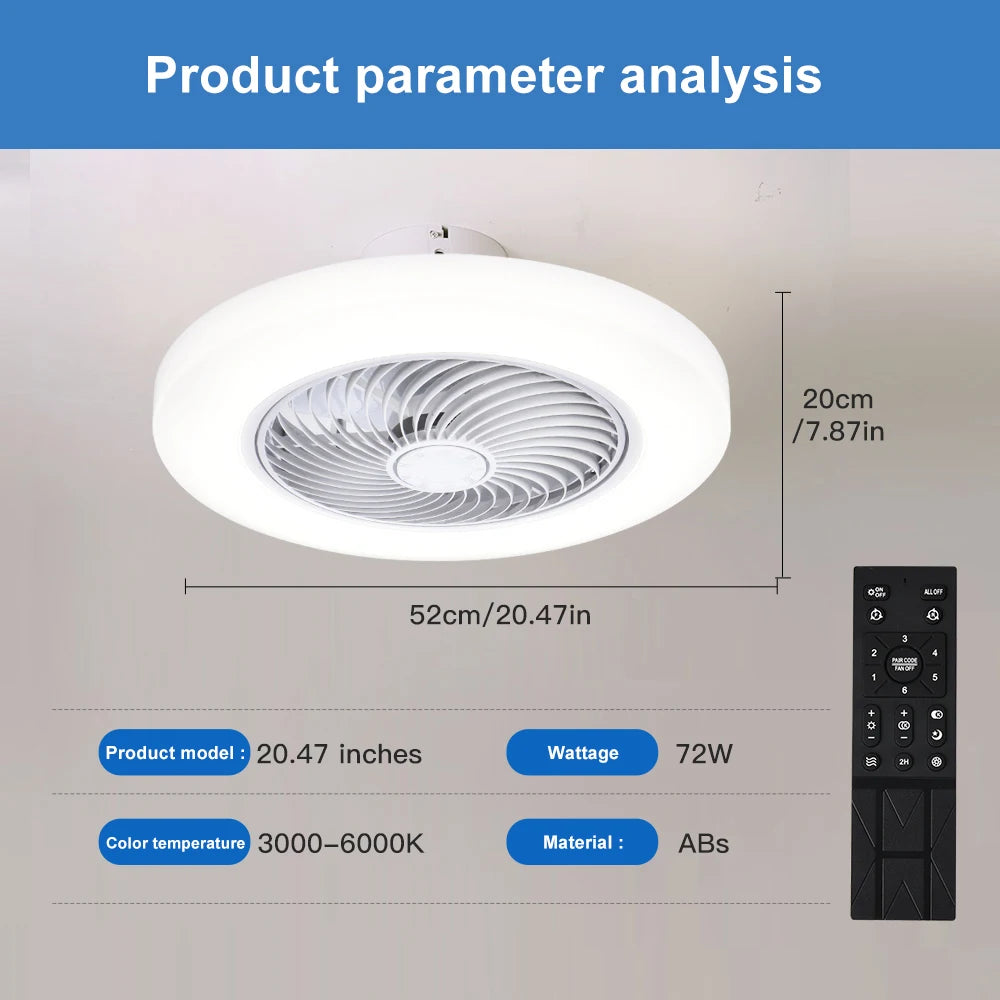 Ventilateur de plafond intelligent avec éclairage LED – Télécommande incluse – Ø 52 cm – Pales invisibles – Silencieux – Idéal pour chambre, salon et bureau