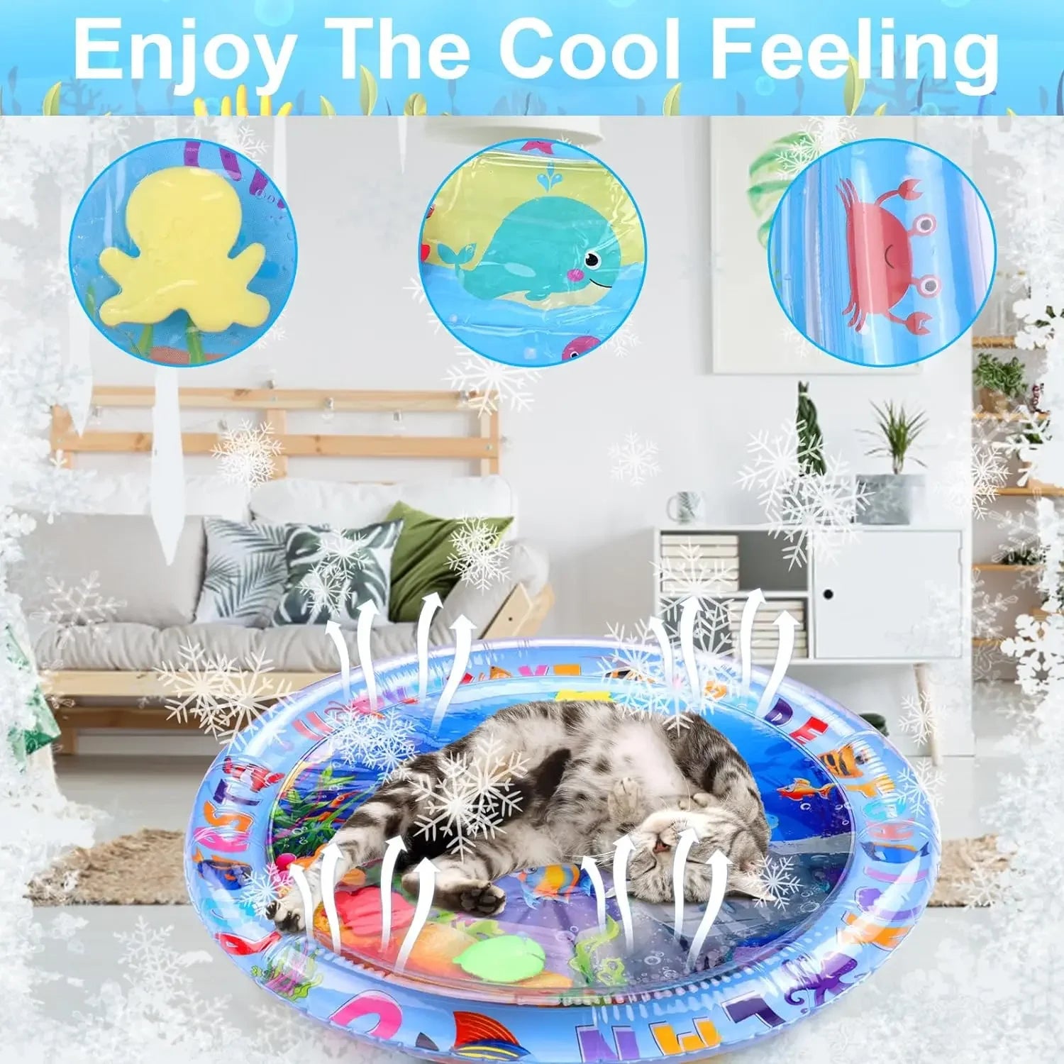 Tapis d’eau sensoriel gonflable pour animaux – Tapis de jeu épais à thème océan avec poissons pour chats et chiens