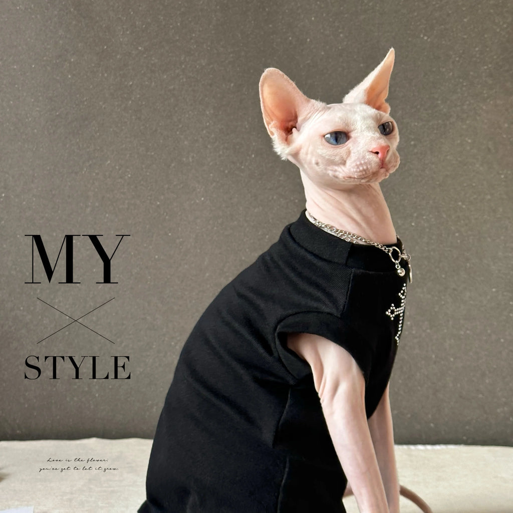 Gilet noir pour chat Devon Rex et Sphynx – Vêtement d'été orné de strass scintillants pour chats sans poils