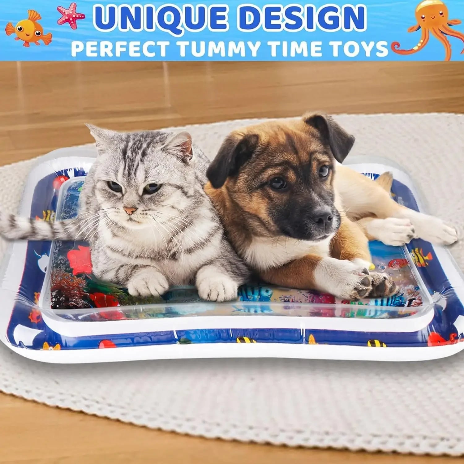 Tapis d’eau sensoriel gonflable pour animaux – Tapis de jeu épais à thème océan avec poissons pour chats et chiens