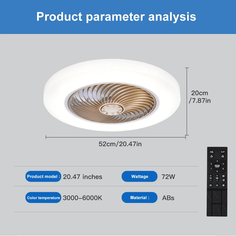 Ventilateur de plafond intelligent avec éclairage LED – Télécommande incluse – Ø 52 cm – Pales invisibles – Silencieux – Idéal pour chambre, salon et bureau