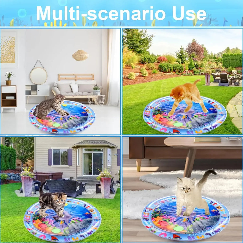 Tapis d’eau sensoriel gonflable pour animaux – Tapis de jeu épais à thème océan avec poissons pour chats et chiens