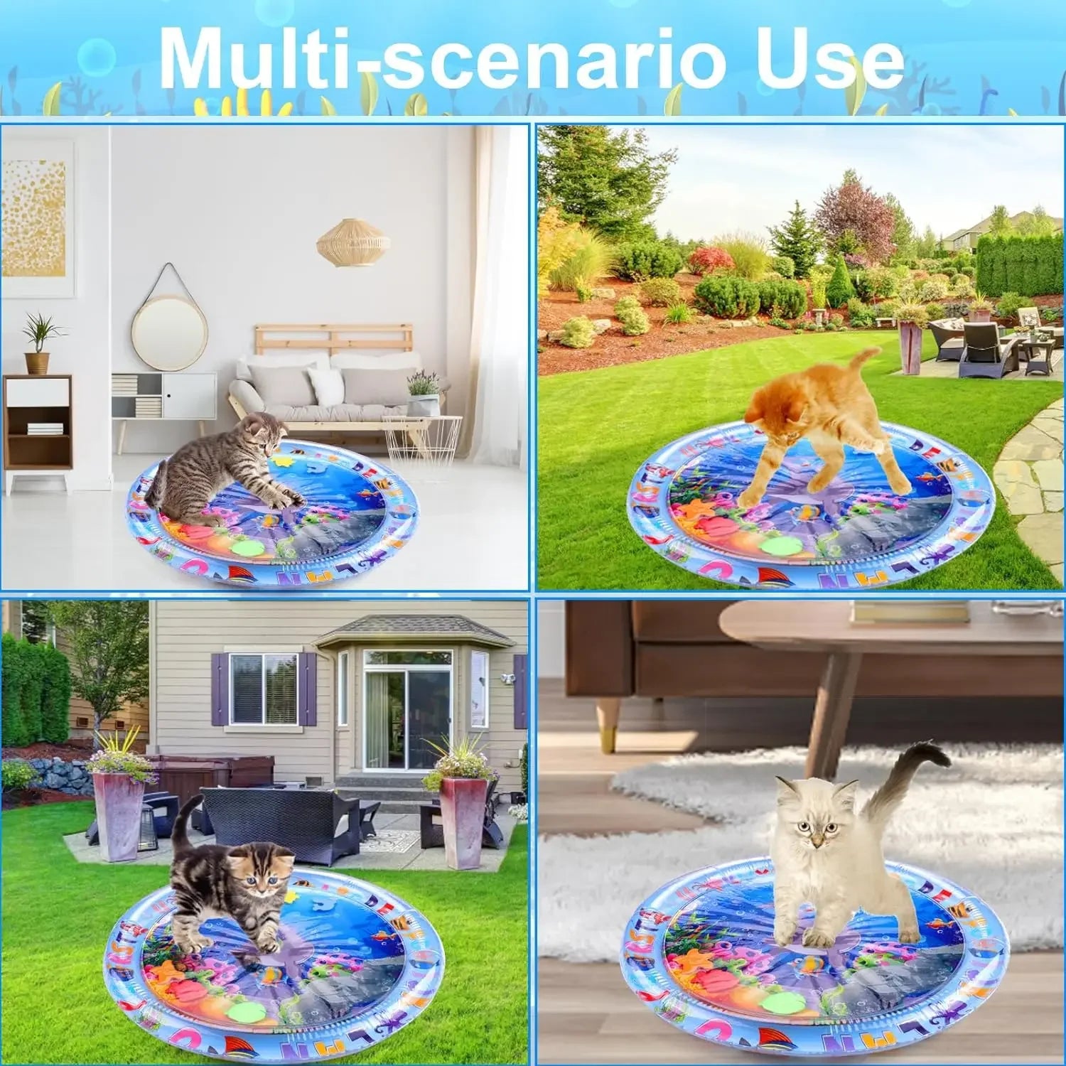 Tapis d’eau sensoriel gonflable pour animaux – Tapis de jeu épais à thème océan avec poissons pour chats et chiens